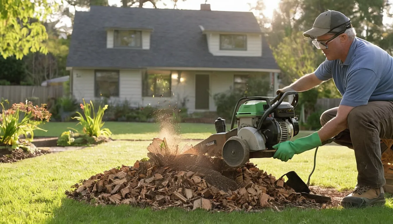 Provider grinding a tree stump in a residential yard in Dumfries